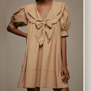 Pilcro Tan Puff Sleeve Mini Dress with cute bow detail Sz. L